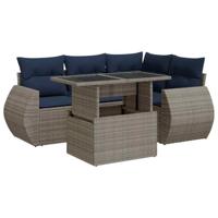 5-delige Loungeset met kussens poly rattan acacia grijs - thumbnail