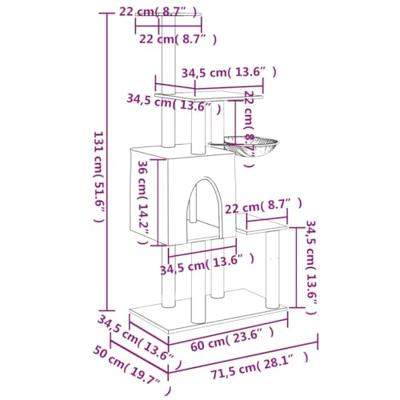 VidaXL Kattenmeubel met sisal krabpalen 131 cm lichtgrijs