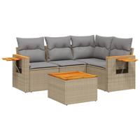 5-delige Loungeset met kussens poly rattan beige - thumbnail