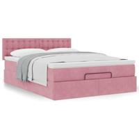 Ottoman bed met matras 140x200cm fluweel roze - thumbnail