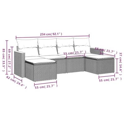 6-delige Loungeset met kussens poly rattan grijs