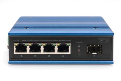 DIGITUS Netwerk Switch - 5-poorts Gigabit Ethernet - 4x RJ45 + 1x SFP-poort - Unmanaged - 10/100/1000 Mbps - DIN rail & wandmontage - IP40 - industriële serie - Blauw