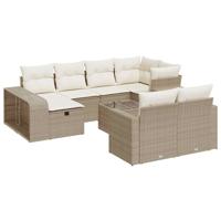 10-delige Loungeset met kussens poly rattan beige - thumbnail