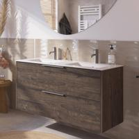 Saqu Lima badmeubel incl. dubbele keramische wastafel 120x51x61cm kasteel bruin - rvs greep - thumbnail