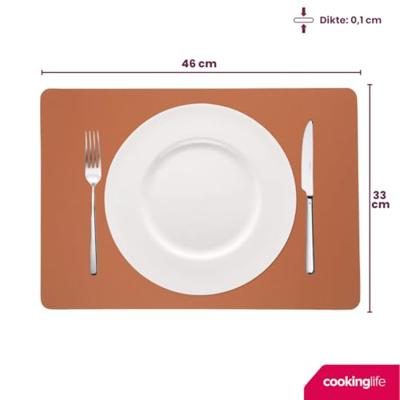 Cookinglife Placemats - Dubbelzijdig - Vegan leer - Cognac / Zwart 46 x 33 cm - 6 Stuks