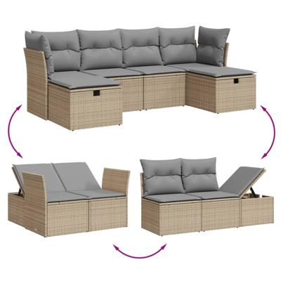 6-delige Loungeset met kussens poly rattan beige