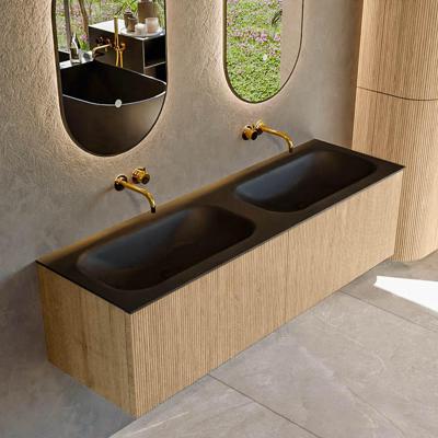 Mondiaz KURVE 150 cm Onderkast Greeploos 2 Lades Zonder Deuren Oak, Wastafel Solid Surface Dubbel Urban 0 Kraangaten Zonder Spiegel (KRVBGS1502L0D0KD-Oak/Urb)