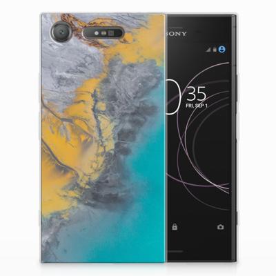 Sony Xperia XZ1 TPU Siliconen Hoesje Marble Blue Gold Sony Xperia XZ1 TPU Siliconen Hoesje Marble Blue Gold