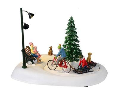 Lemax snowbiking with dad bewegend kerstdorp tafereel Vail Village 2023