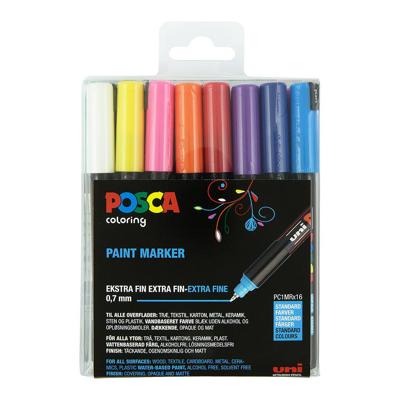 Uni POSCA paintmarker PC-1MR, 0,7 mm, doos van 16 stuks in geassorteerde kleuren