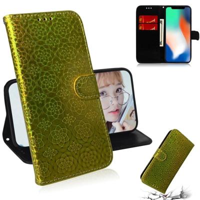 Voor iPhone X/XS effen kleur kleurrijke magnetische Buckle horizontale Flip PU lederen draagtas met houder & kaartsleuven & portemonnee & Lanyard (gou