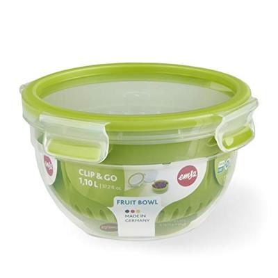 Emsa Clip & Go Fruit Bowl 1.1 l Kunststof Met deksel, Waterdicht, Vaatwasserbestendig Transparant, Groen 600577