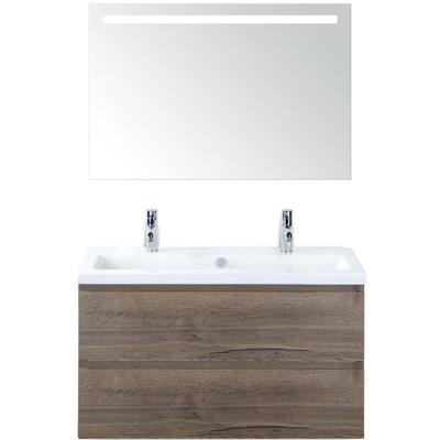 Vogue Badmeubelset 100 cm - Greeplijst in Kleur - Tabacco - Keramische Wastafel Wit 2 Kraangaten met Sence Spiegel