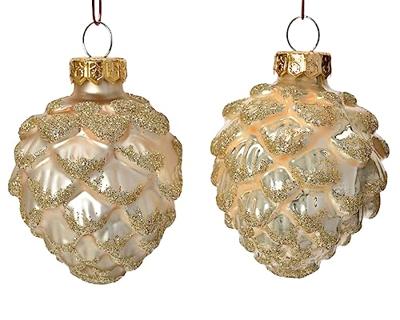 Decoris Kerstballen glas dennenappel 6st parel 5x7cm