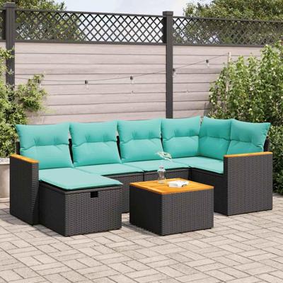 7-delige Loungeset met kussens poly rattan zwart