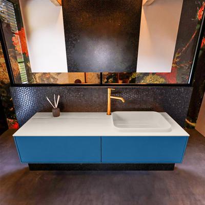 Badkamermeubelset Mondiaz Erin 150 cm met 2 Lades met RIDGE Wastafel Rechts Linen met 1 kraangat Greeploos Mat Jeans