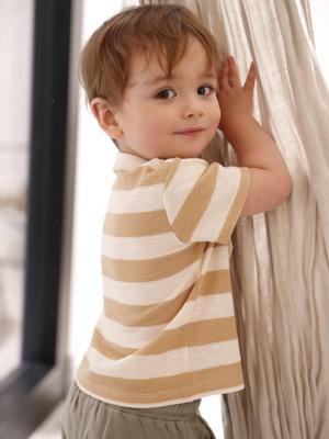 T-shirt met strepen voor baby's in honingraat gebreid cappuccino