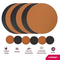 Cookinglife 6 Placemats + 6 Onderzetters - Dubbelzijdig - Rond - Vegan leer - Zwart / Cognac - thumbnail