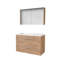 Basic-Line Comfort 46 Badkamermeubelset - 100 x 46 cm - Met Grepen - 2 Lades - Acryl Wastafel - 1 Kraangat - Spiegelkast - Whisky Oak - thumbnail