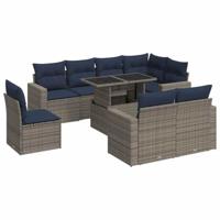 9-delige Loungeset met kussens poly rattan acacia grijs - thumbnail