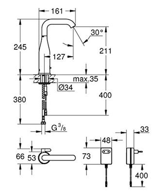 GROHE Essence Wastafelkraan Opbouw - uitloop 12.7cm - electronisch - Adapter - 230V - chroom 36444000 GROHE Essence Wastafelkraan Opbouw - uitloop 12.7cm - electronisch - Adapter - 230V - chroom 36444000