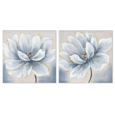 Schilderij Home ESPRIT Blauw Wit Canvas Hout MDF Bloem Traditioneel 40 x 2,5 x 40 cm (2 Stuks)