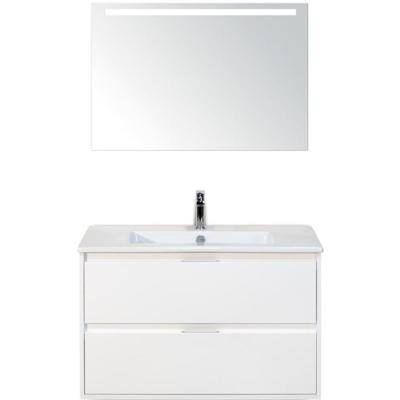 Porto Badmeubelset 90 cm - Wit Hoogglans - Keramische Wastafel Wit Slim met Sence Spiegel