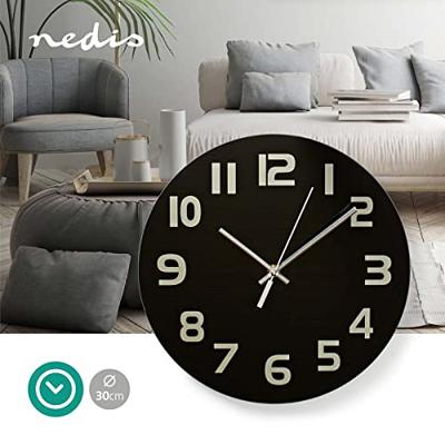 Nedis CLWA006GL30BK Ronde Wandklok Diameter 30 Cm Eenvoudig Te Lezen Cijfers Zwart
