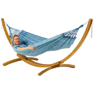 Eenpersoons hangmat met houten standaard - 300x140cm - Blauw - 120kg draagkracht- 100% katoen - binnen & buiten