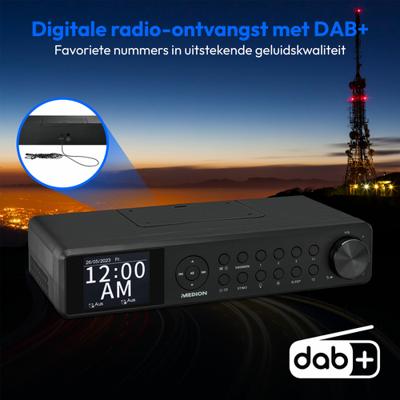MEDION P66750 keukenonderbouwradio (DAB+ keukenradio, PLL FM-radio, dimbaar TFT-kleurendisplay, kookwekker, bluetooth, ledstrip, incl. montagemateriaal) zwart
