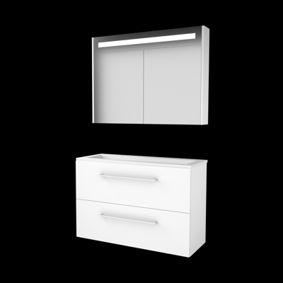 Basic-Line Premium 39 Badkamermeubelset - Ondiep - 100 x 39 cm - Met Grepen - 2 Lades - Acryl Wastafel - 2 Kraangaten - Spiegelkast met LED Verlichting - Ice White