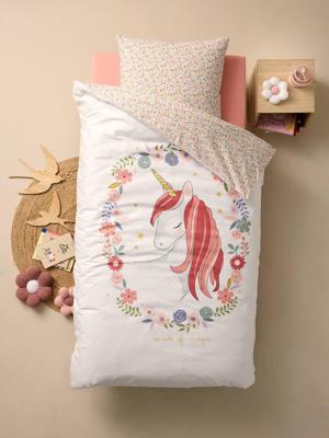 Dekbedovertrekset + kussensloop kind PETITE LICORNE, met gerecycled katoen wit, bedrukt