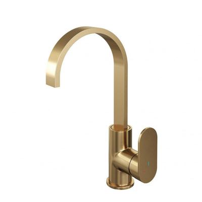 Wastafelmengkraan Brauer Gold Edition Coldstart Opbouw Hoog Plat Gebogen Platte Hendel Geborsteld Goud PVD Brauer