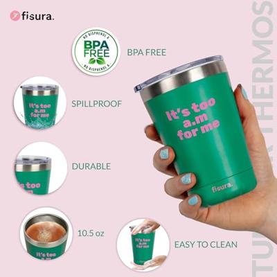 Koffiemok thermosbeker "Its too am for me" green