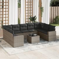 10-delige Loungeset met kussens poly rattan grijs - thumbnail