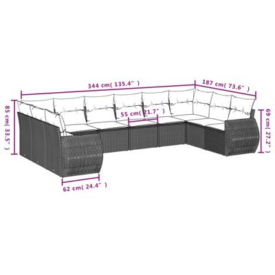 10-delige Loungeset met kussens poly rattan zwart - thumbnail