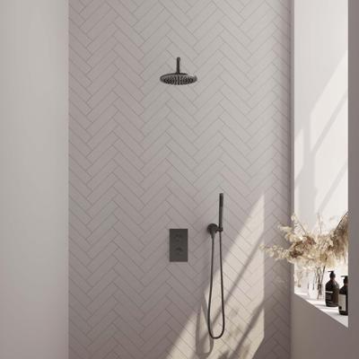 Regendoucheset Inbouw Brauer Gunmetal Edition Thermostatisch 20cm met 3-Weg Omstelling, Gebogen Wandarm en Staaf Handdouche Geborsteld Gunmetal