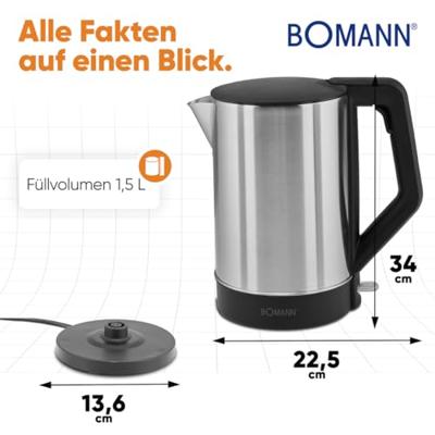 Bomann WKS3002CB Waterkoker 1.5L 2200W RVS/Zwart