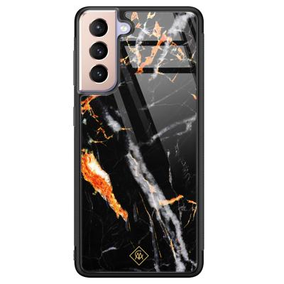 Samsung Galaxy S21 glazen hardcase - Marmer zwart oranje