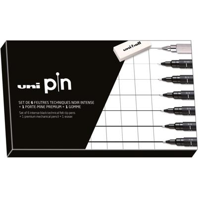 Uni Pin fineliner, ronde punt, zwart, doos van 6 stiften + vulpotlood en gom Uni Pin fineliner, ronde punt, zwart, doos van 6 stiften + vulpotlood en gom