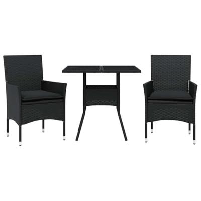 3-delige Tuinset met kussens poly rattan en glas zwart