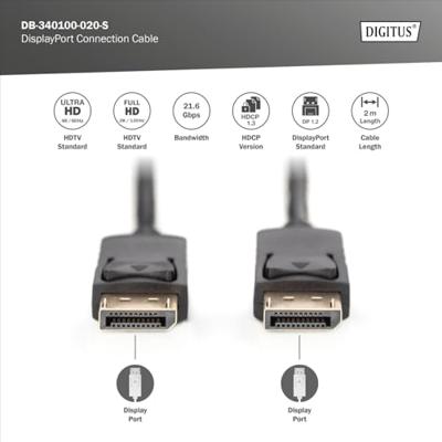 Digitus DB-340100-020-S DisplayPort-kabel DisplayPort Aansluitkabel DisplayPort-stekker, DisplayPort-stekker 2.00 m Zwart Rond, Afgeschermd (dubbel)