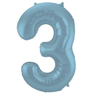 Folieballon Pastel Blauw Metallic Mat Cijfer 3 (86cm)