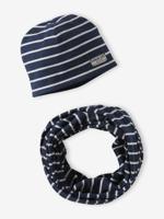 Gestreepte set van muts + snood voor jongens marineblauw - thumbnail