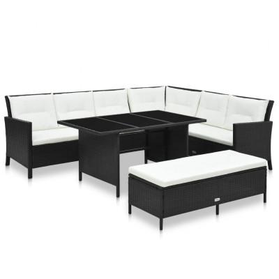 vidaXL 3-delige Loungeset met kussens poly rattan zwart
