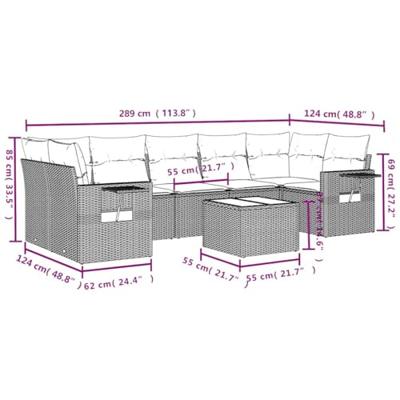 8-delige Loungeset met kussens poly rattan lichtgrijs