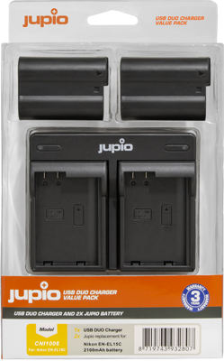 Jupio Kit: 2 x camera-accu EN-EL15C 2100mAh + USB Dual lader Jupio Kit: 2 x camera-accu EN-EL15C 2100mAh + USB Dual lader