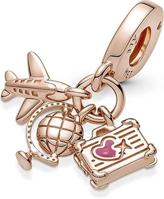 Pandora 789435C01 Hangbedel Airplane-Globe-Suitcase zilver-emaille rosekleurig-roze - thumbnail