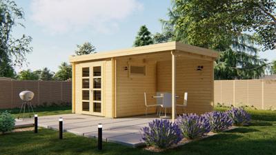 Tuindeco Brenda Blokhut 275x275 cm + overkapping 250 cm 28 mm vuren blank- Plat dak- Onbehandeld vurenhout- Tuindeco Tuindeco Brenda Blokhut 275x275 cm + overkapping 250 cm 28 mm vuren blank- Plat dak- Onbehandeld vurenhout- Tuindeco