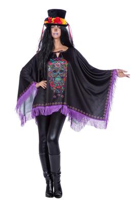 Day of the Dead poncho met paarse franje (V)